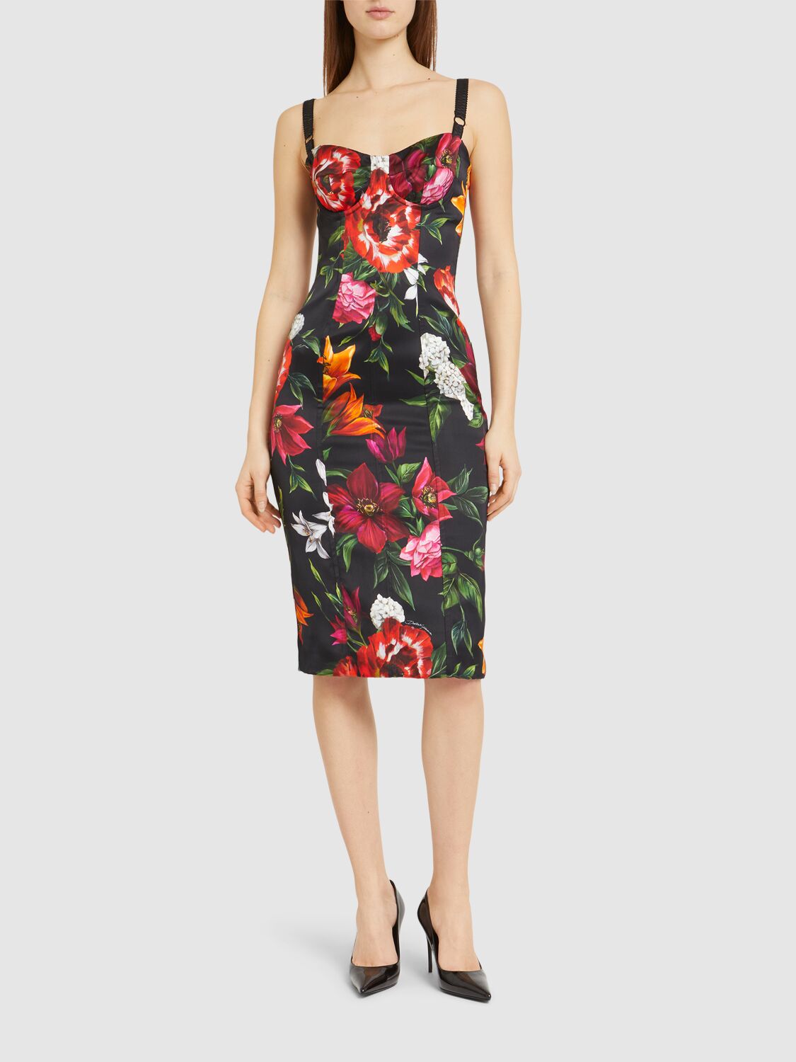 Dolce & Gabbana Anemone Floral Satin Bustier Dress In Red