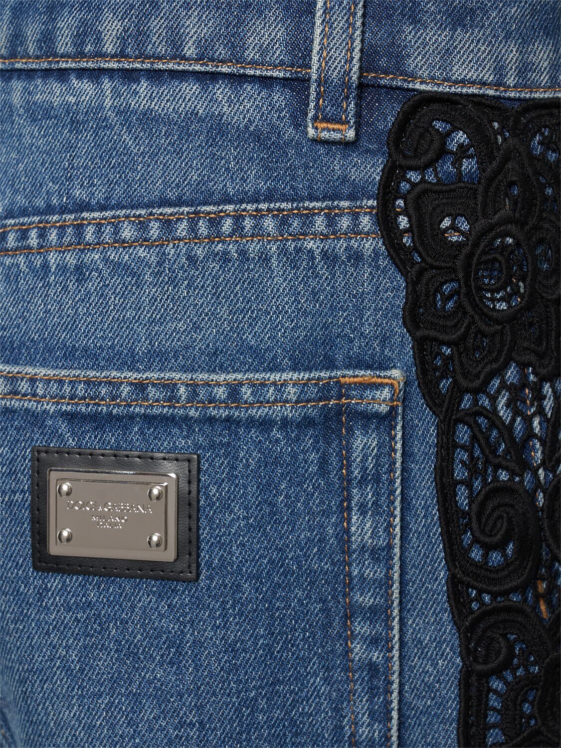 Dolce & Gabbana High Rise Cotton Jeans W/lace Details In Blue