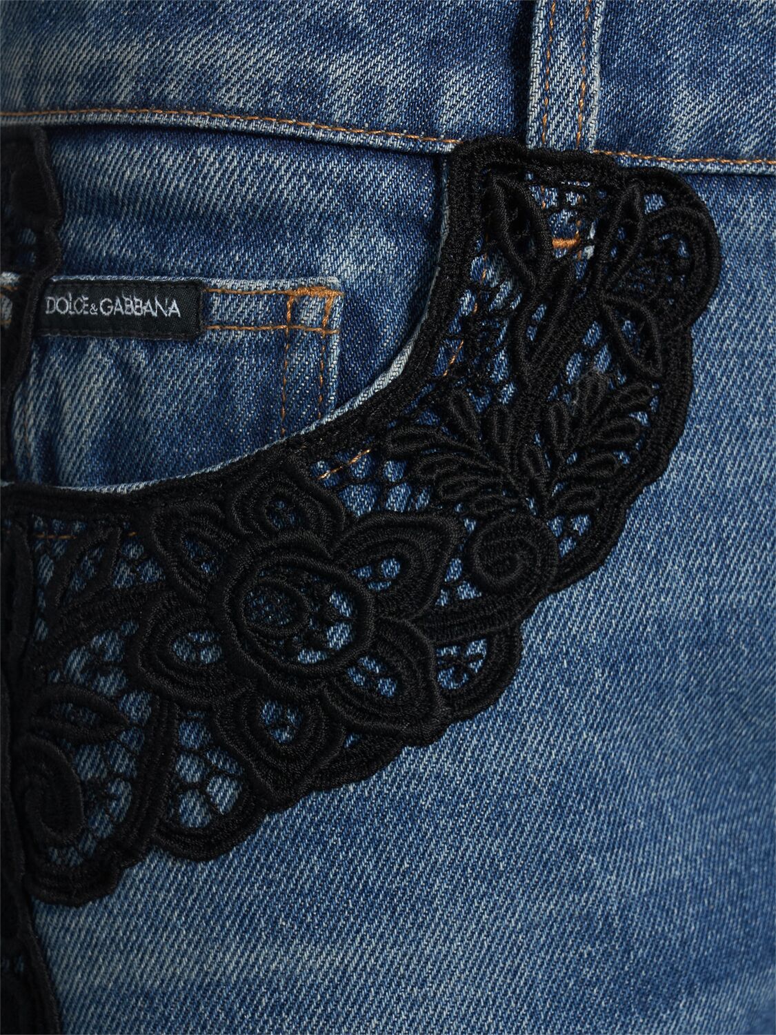 Dolce & Gabbana High Rise Cotton Jeans W/lace Details In Blue