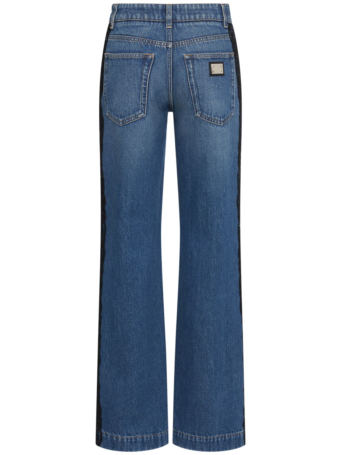 Dolce & Gabbana High Rise Cotton Jeans W/lace Details In Blue