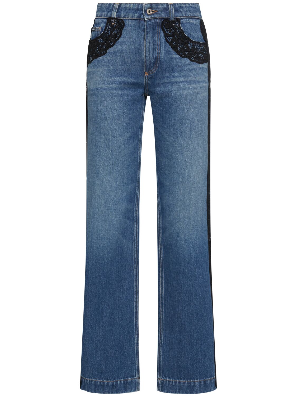 Dolce & Gabbana High Rise Cotton Jeans W/lace Details In Blue