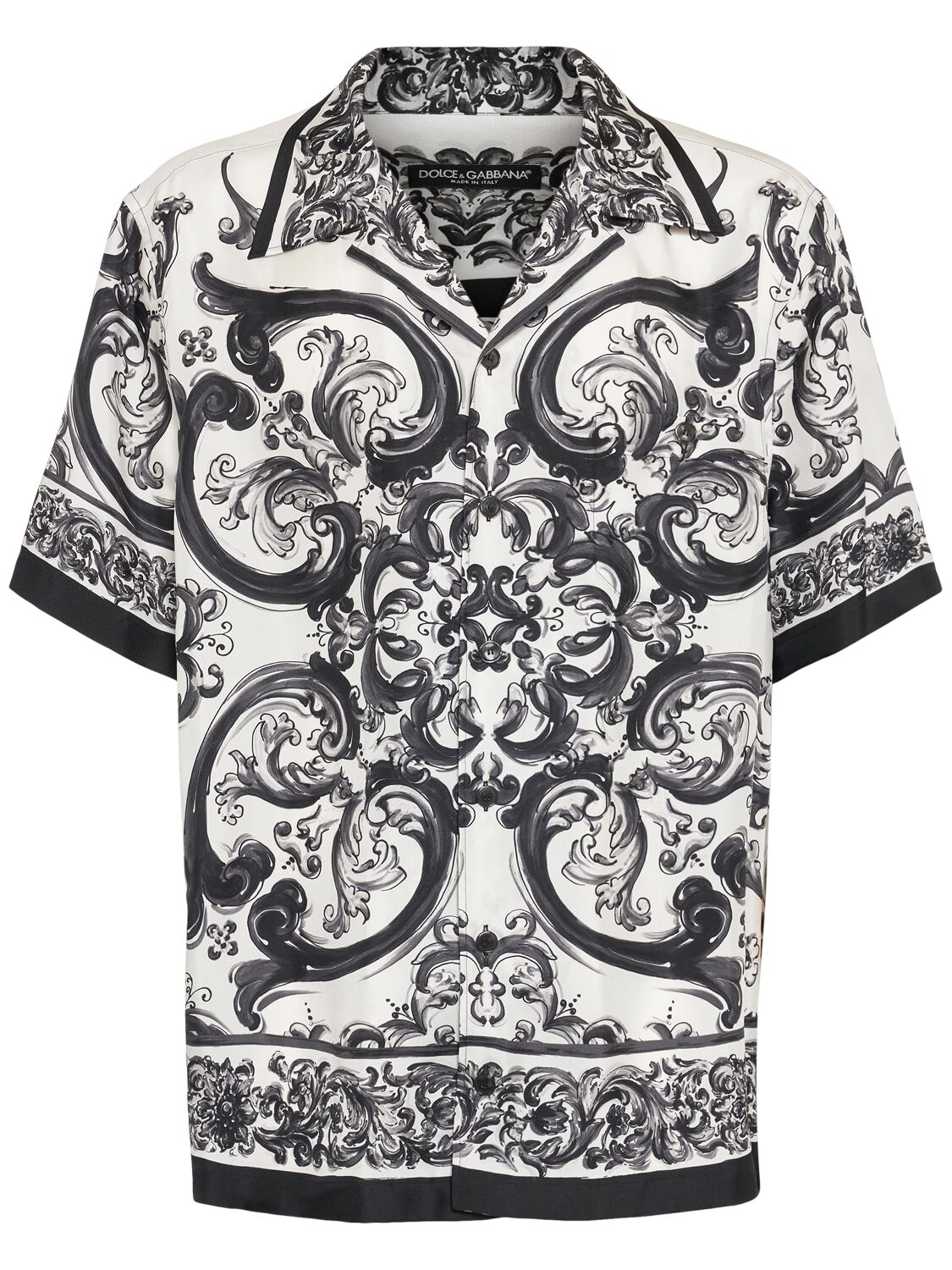 Dolce & Gabbana Maiolica Black And White Bowling Shirt With Cuban Collar And All-over Print In Silk Man In Black