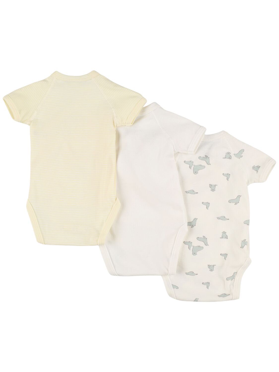 Petit Bateau Set Of 3 Printed Cotton Bodysuits In White/yellow