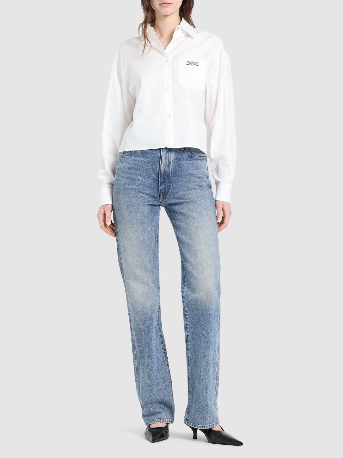 Versace Barocco Cotton Poplin Crop Shirt In White