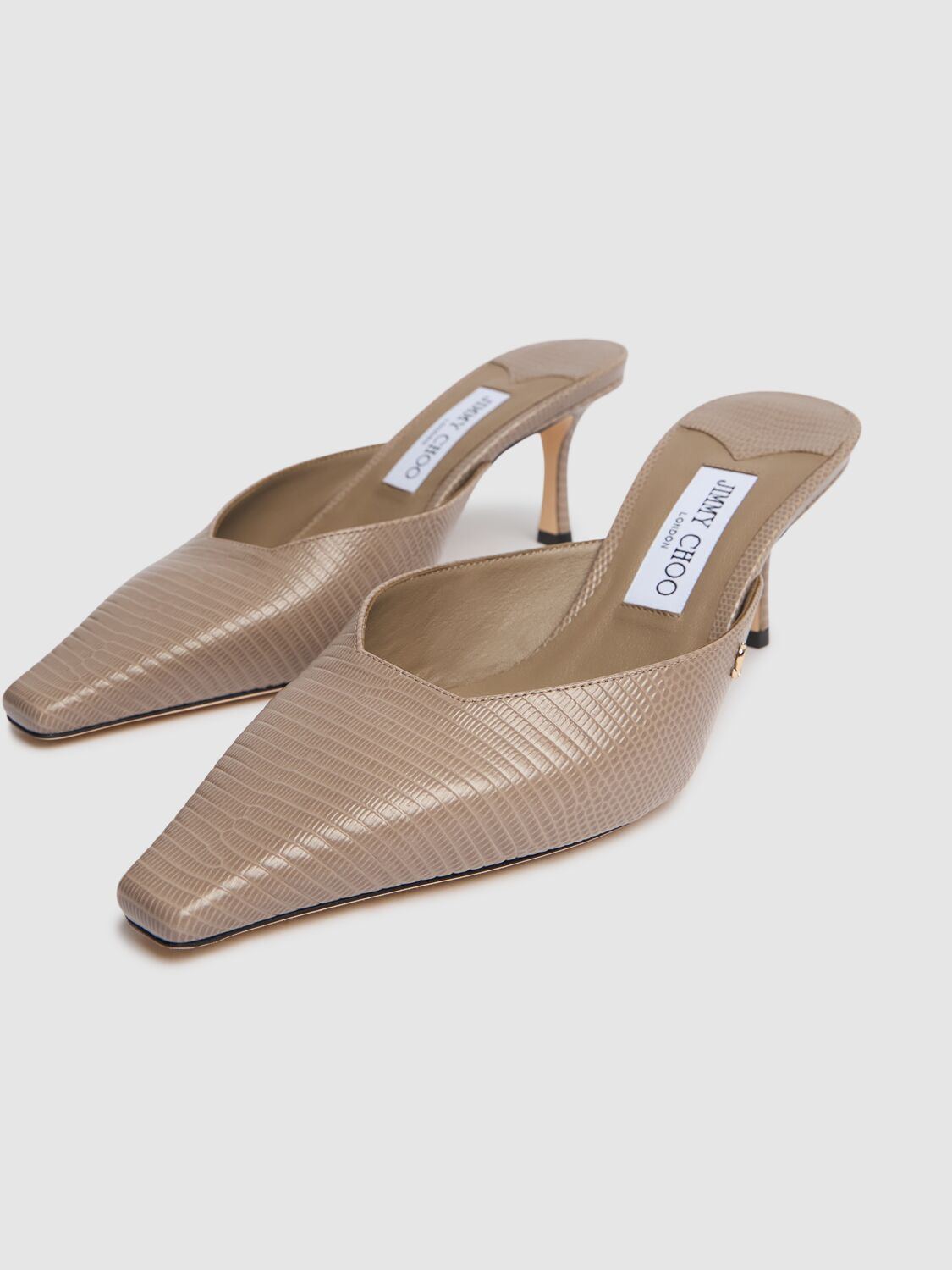Jimmy Choo 65mm Vivi Lizard Print Leather Mules In Taupe