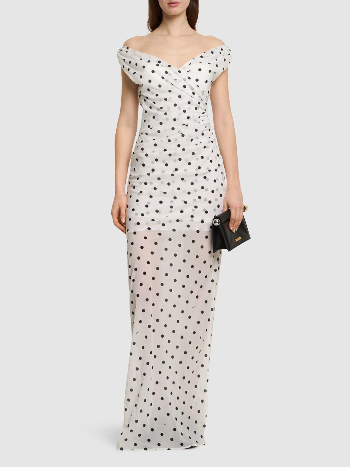 Jacquemus Rita Draped Gathered Polka-dot Crepe De Chine Maxi Dress In 白色/黑色