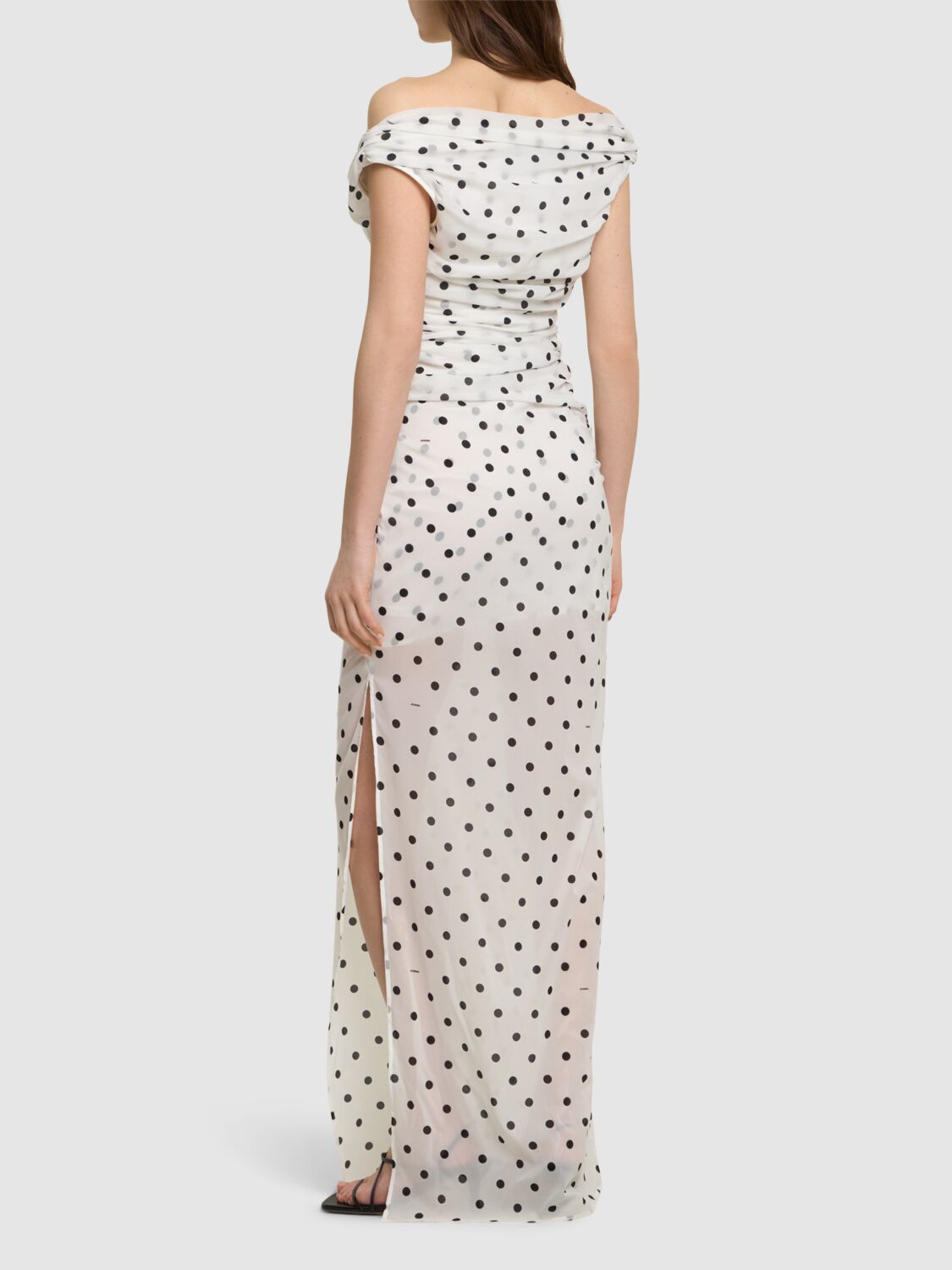 Jacquemus Rita Draped Gathered Polka-dot Crepe De Chine Maxi Dress In 白色/黑色