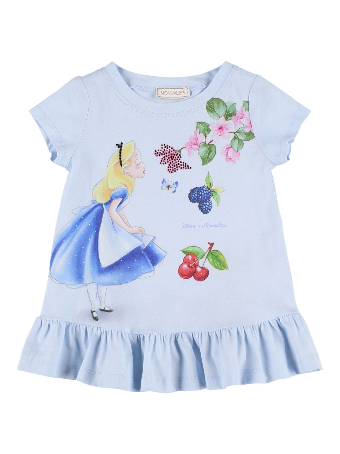 Monnalisa Alice In Wonderland Print Cotton T-shirt In 浅蓝色