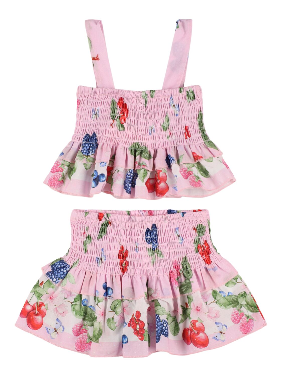Monnalisa Printed Cotton Muslin Top & Skirt In 粉色