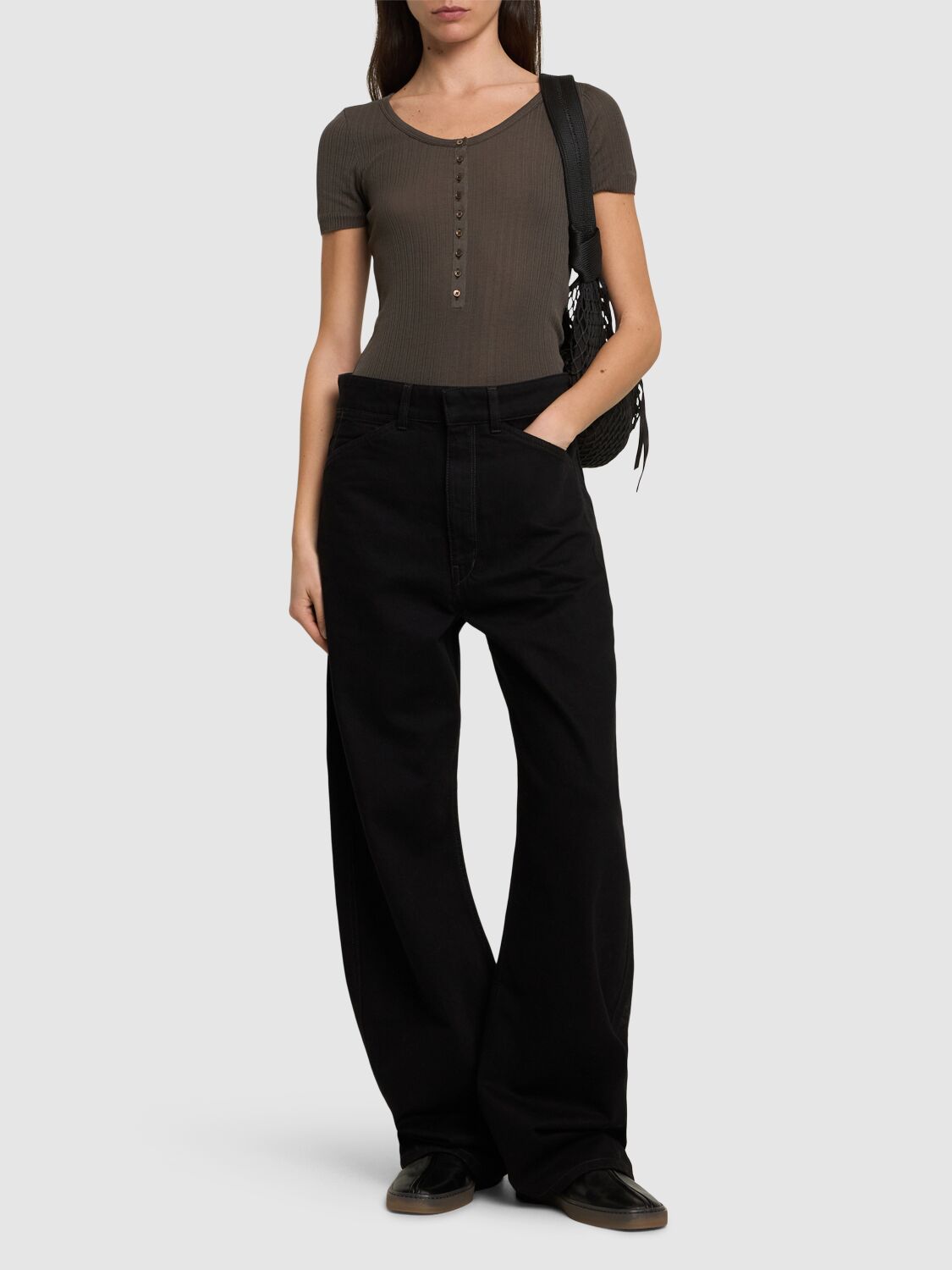 Lemaire Ribbed Viscose And Silk Blend Bodysuit In Brown