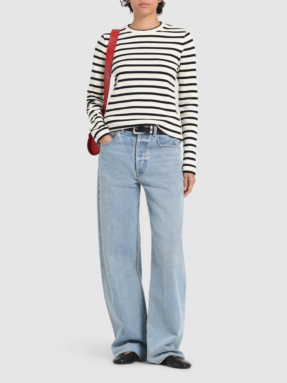 Jil Sander Fine Ribbed Off-white And Black Crew Neck Sweater In Neutral