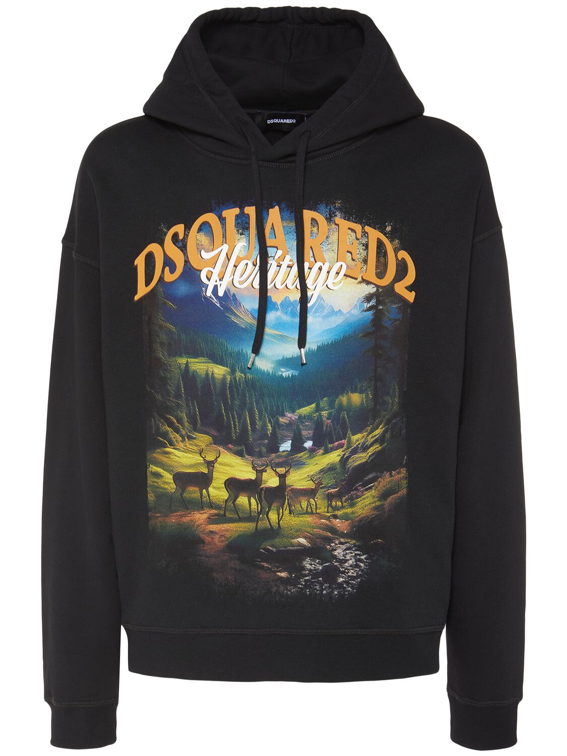 Dsquared2 Scenic Mountain Landscape Hoodie With Drawstring Detail In Black