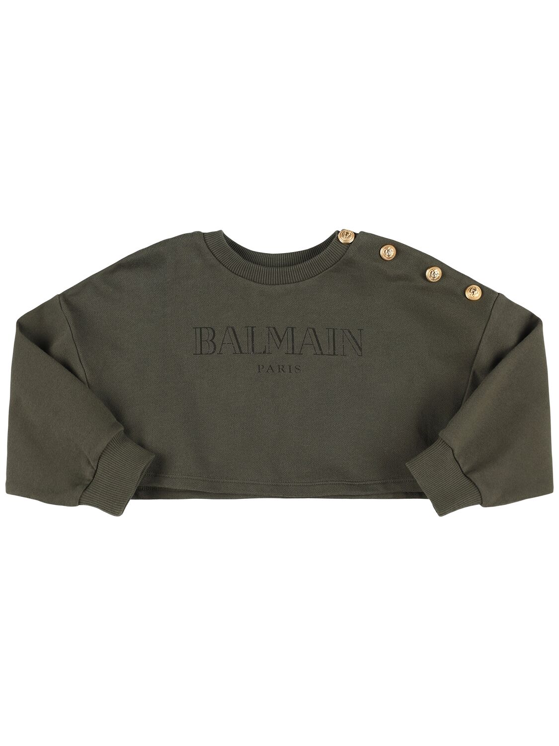 Balmain Cotton Crop Sweatshirt W/logo In Green