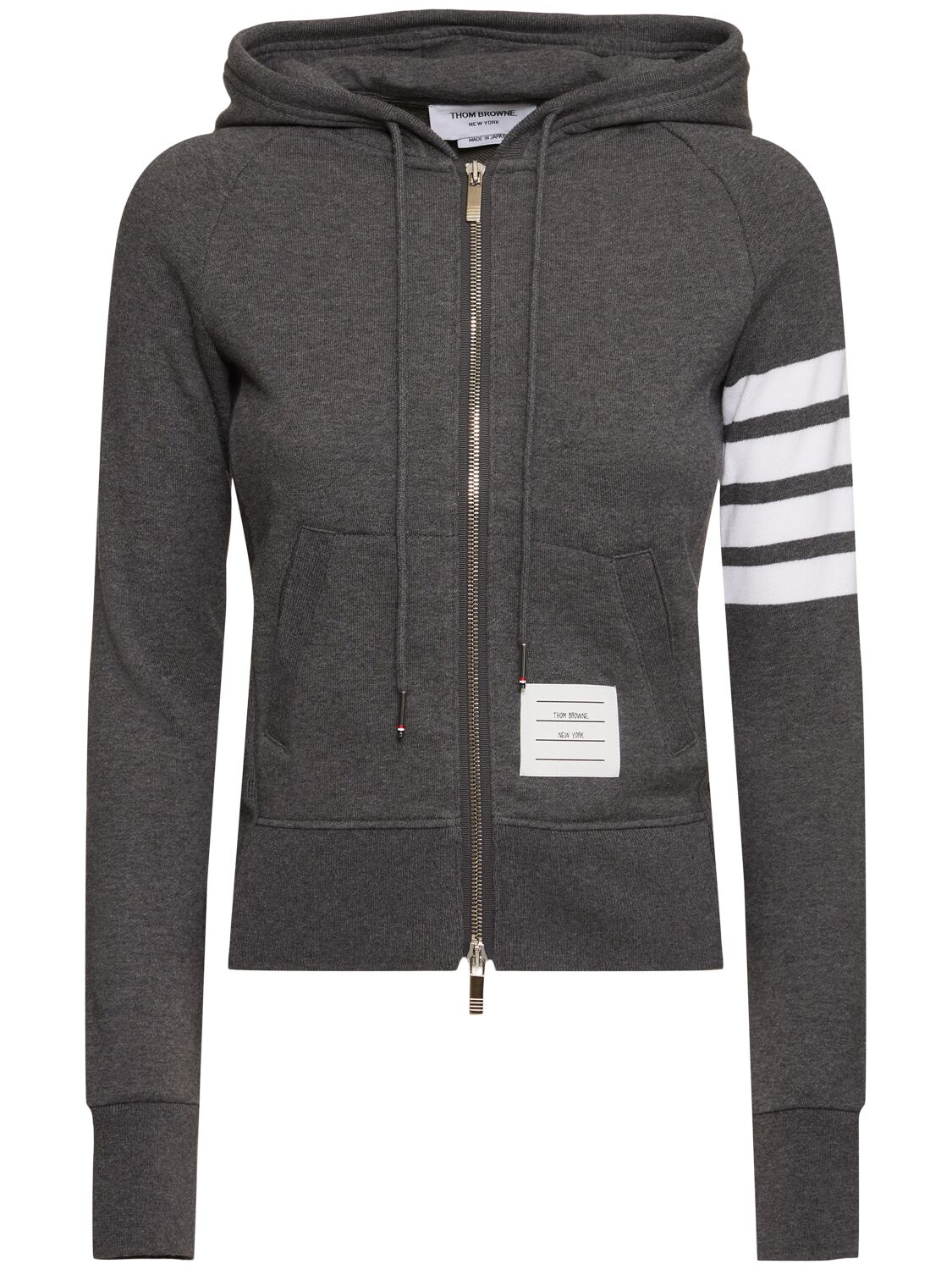 Thom Browne 4 Bars Hooded Cotton Zip Sweatshirt In Gray