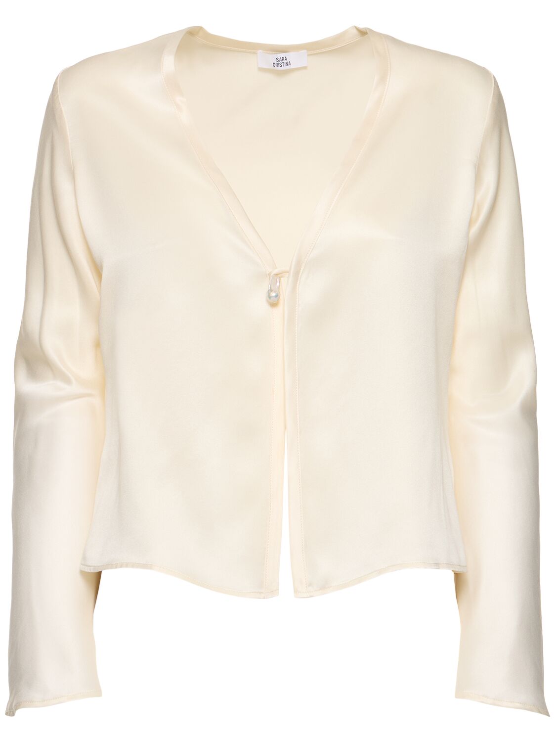 Sara Cristina Nerea Silk Long Sleeve Top W/ Pearl In Neutral