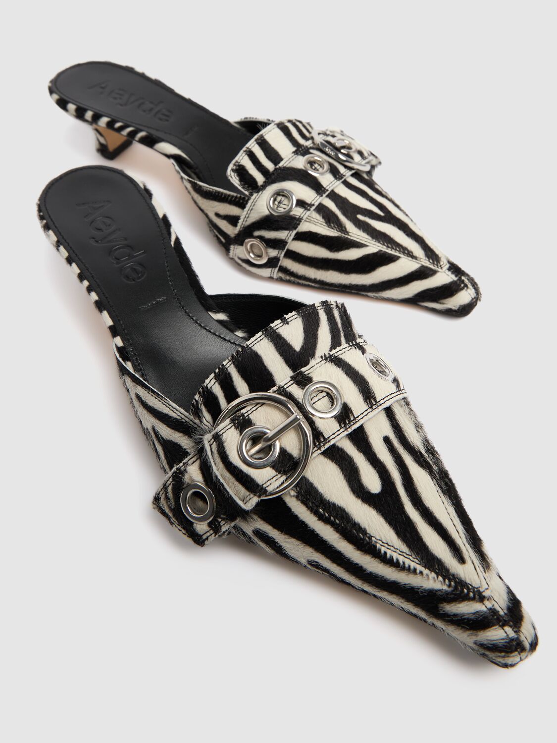 Shop Aeyde 35mm Danielle Zebra Pony Skin Mules In Creamy