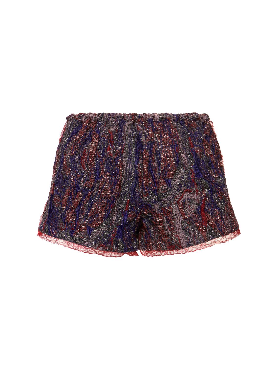 Dries Van Noten Lace Trim Elastic Waistband Textured Fabric Shorts In Purple/red