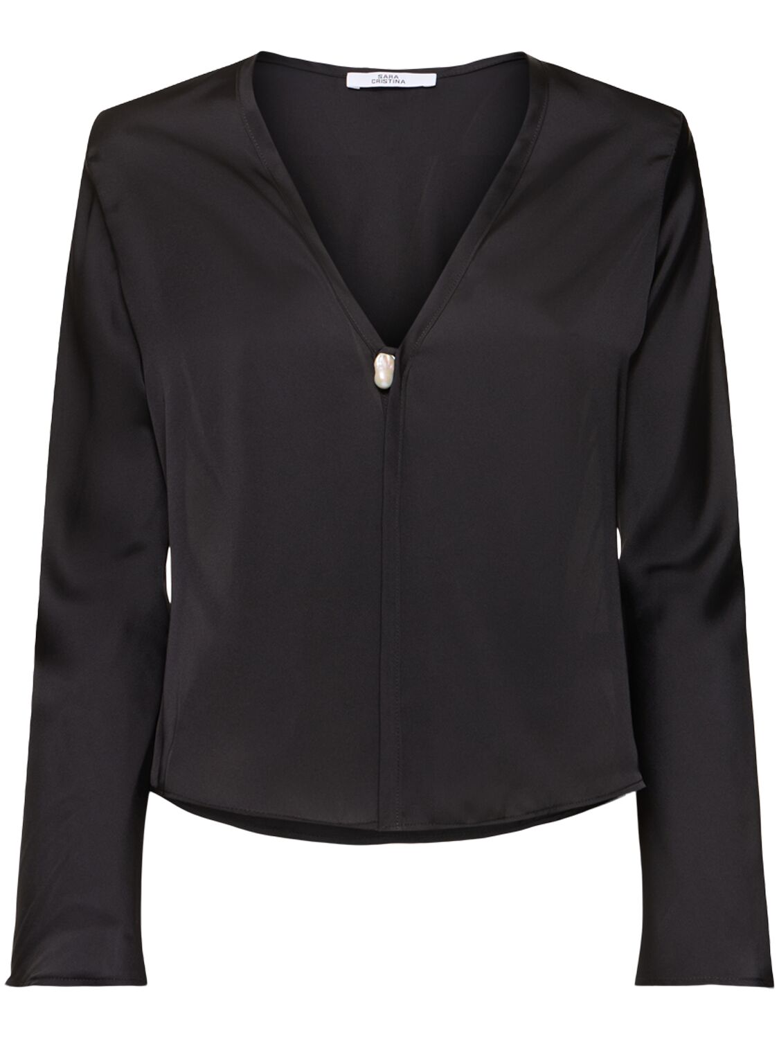 Sara Cristina Nerea Silk Long Sleeve Top W/ Pearl In Black