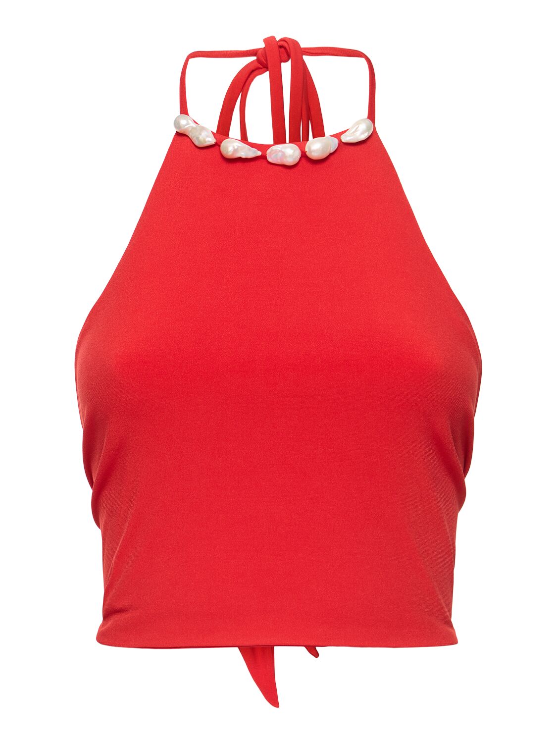 Sara Cristina Orchid Jersey Halter Neck Top W/ Pearls In Red