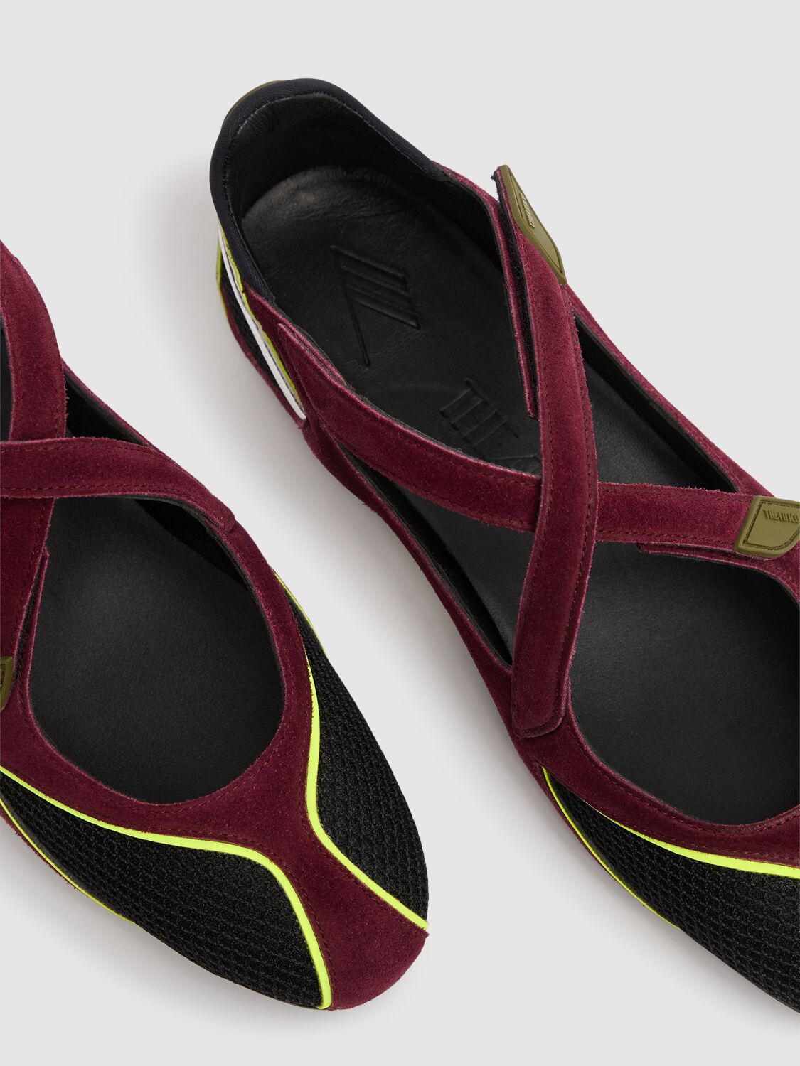 Attico Nomad Bordeaux Ballet Shoes With Criss-crossed Straps And Mesh Panels In Tech Fabric And Suede Woman In Black