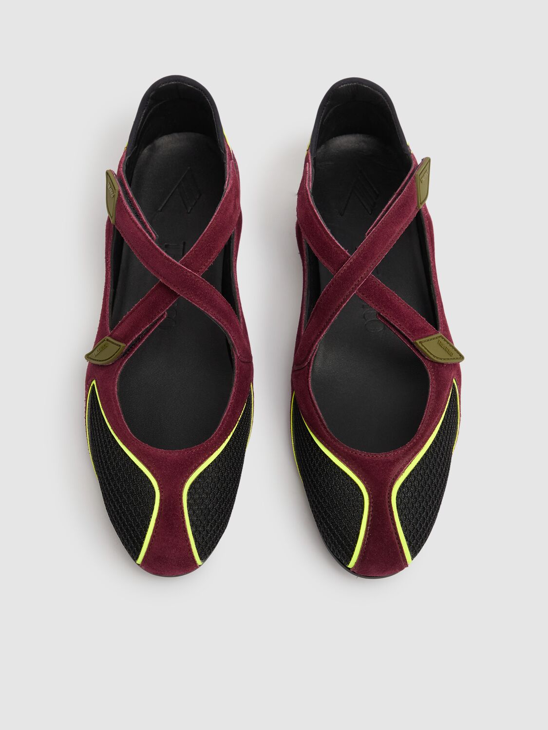 Attico Nomad Bordeaux Ballet Shoes With Criss-crossed Straps And Mesh Panels In Tech Fabric And Suede Woman In Black