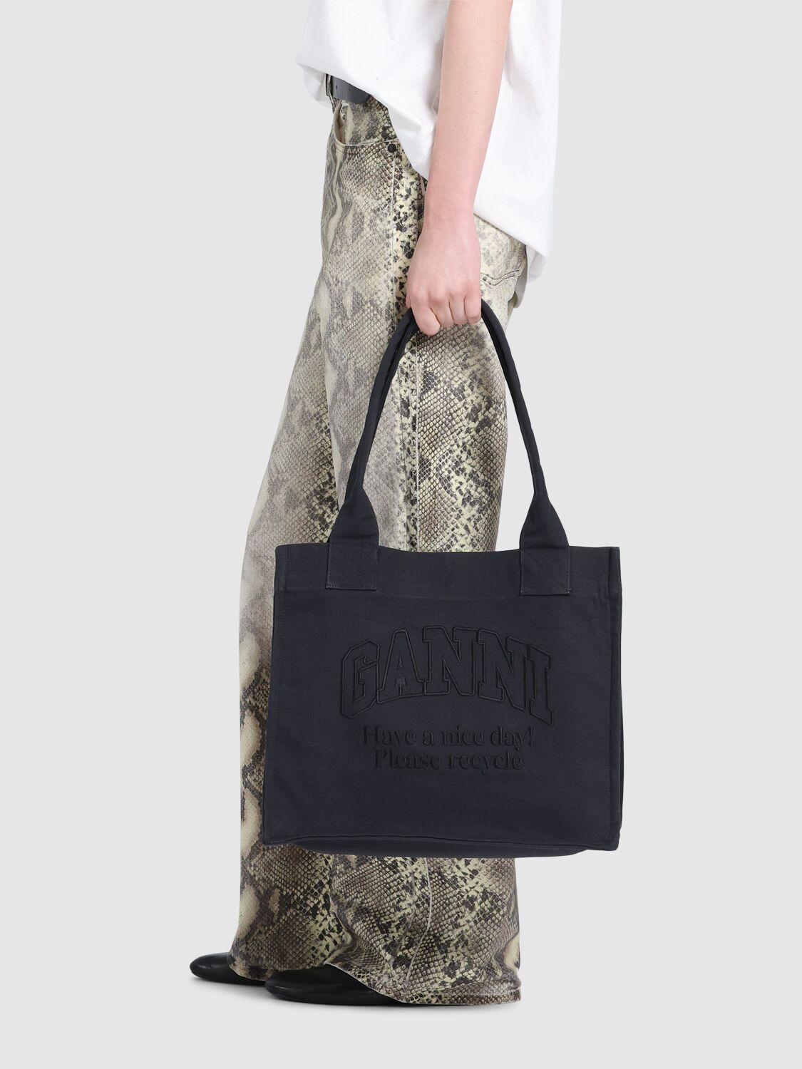 Ganni Large Easy Recycled Cotton Tote Bag In Phantom