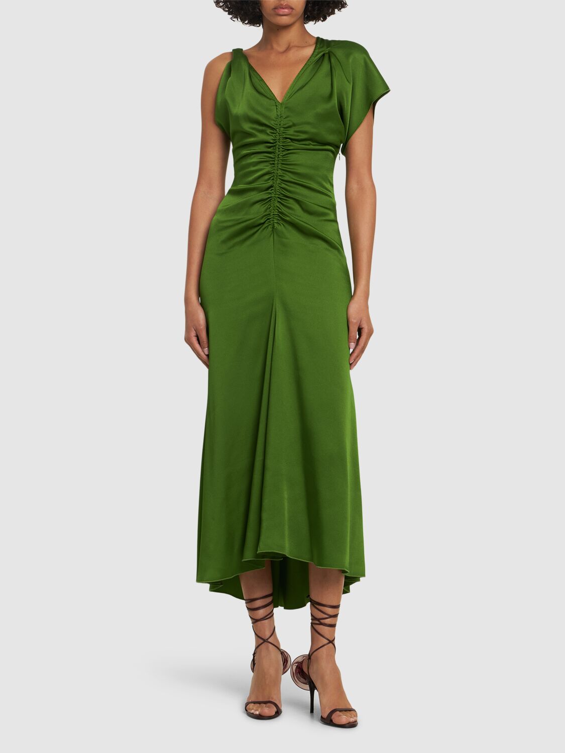 Victoria Beckham Asymmetric Ruched Midi Dress In Green