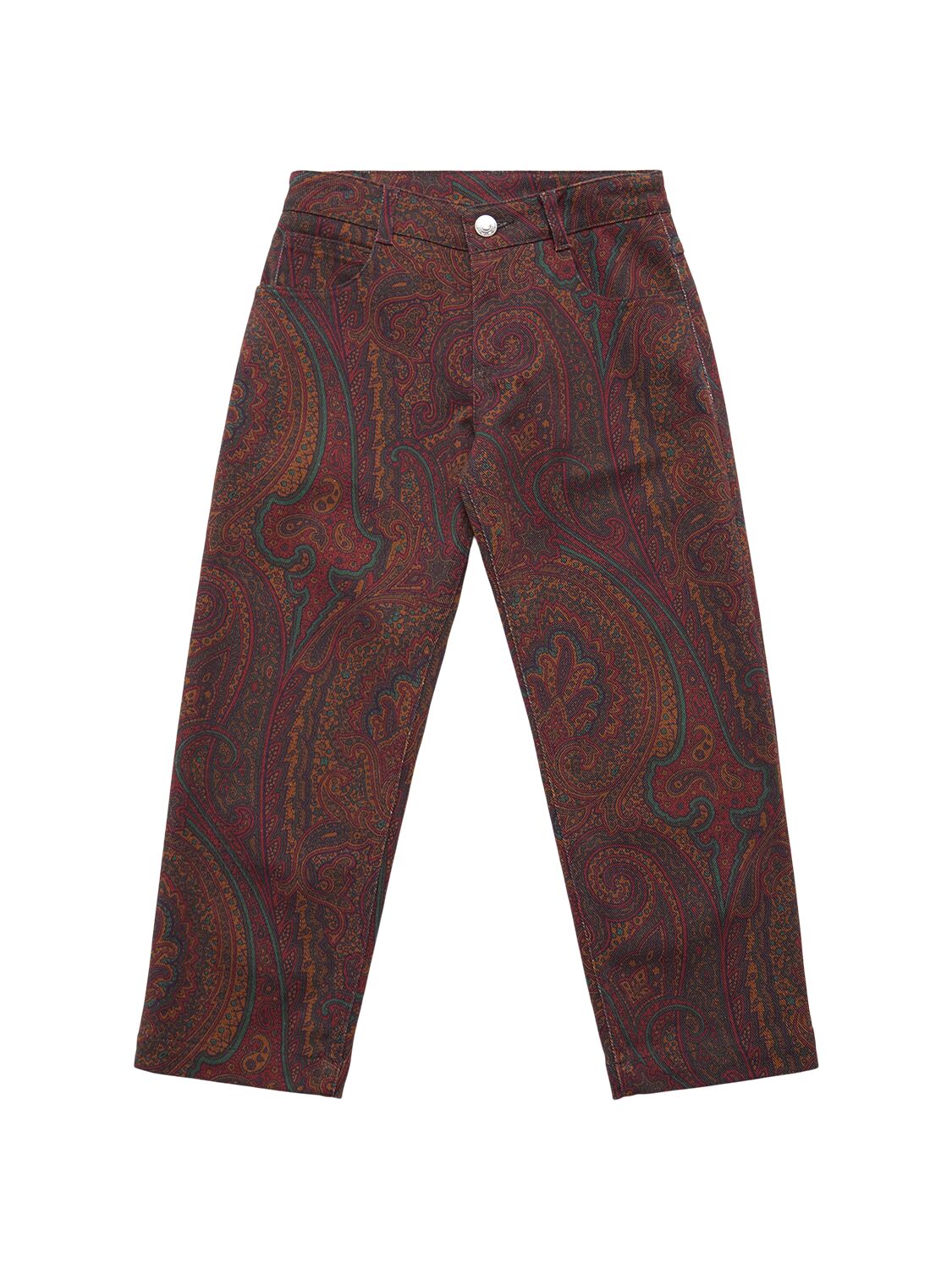 Etro Printed Cotton Blend Denim Pants In Burgundy