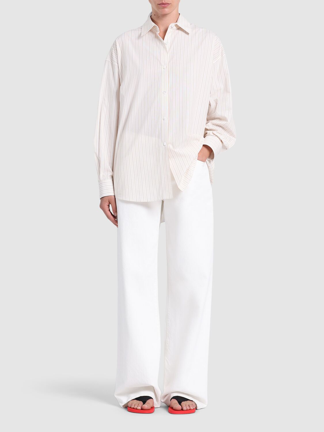 The Row Caster Striped Cotton Shirt In Beige/orange