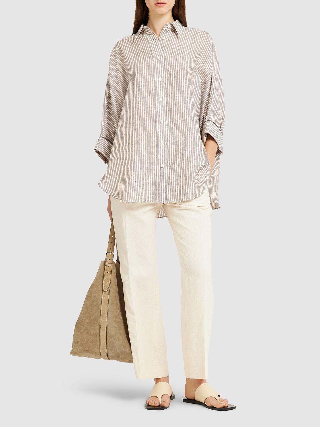 Brunello Cucinelli Striped Linen Shirt In Neutral