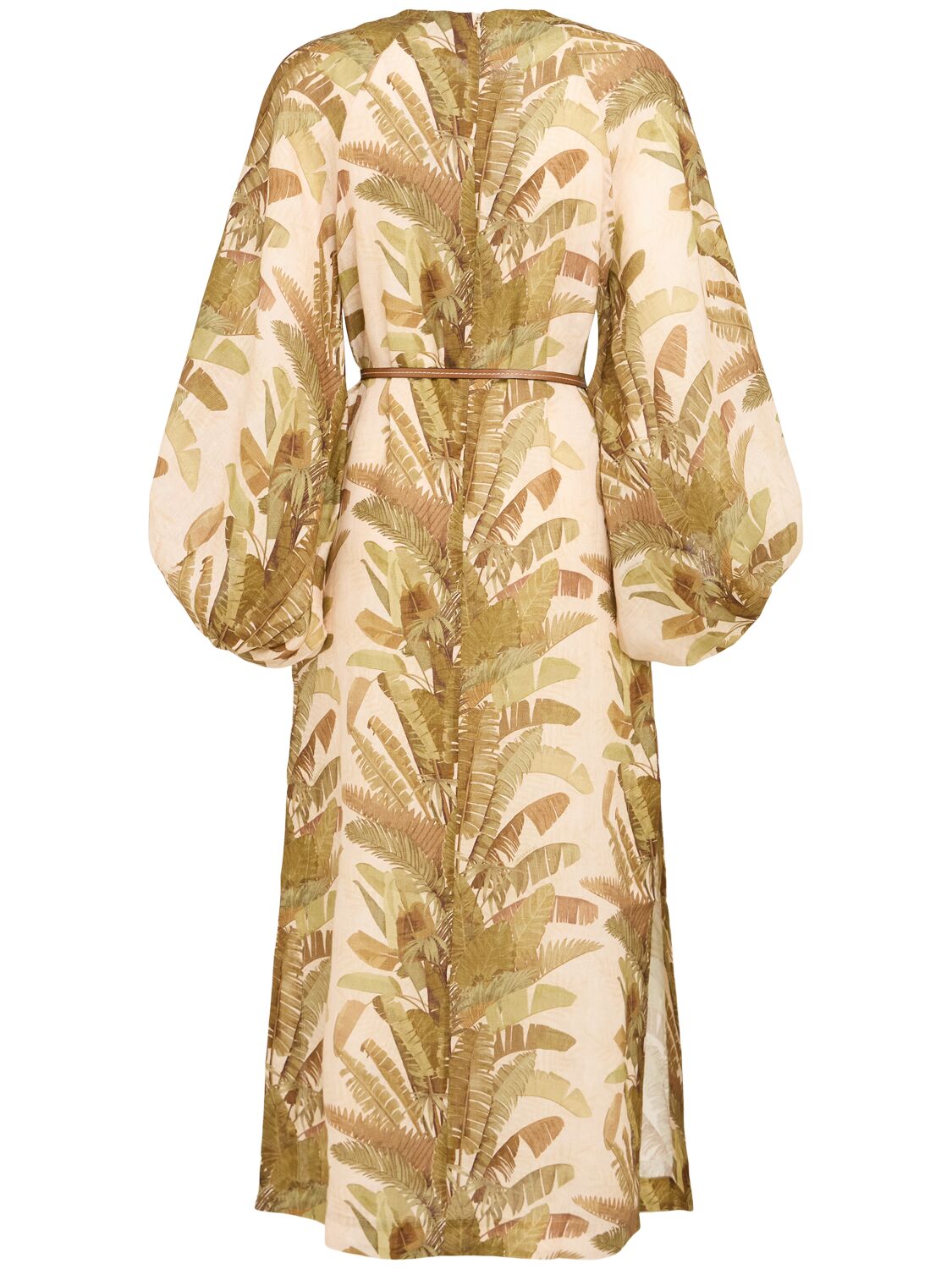 Zimmermann Ascension Brown Dress With Puffed Sleeves And All-over Palm Print In Linen Woman In Multi