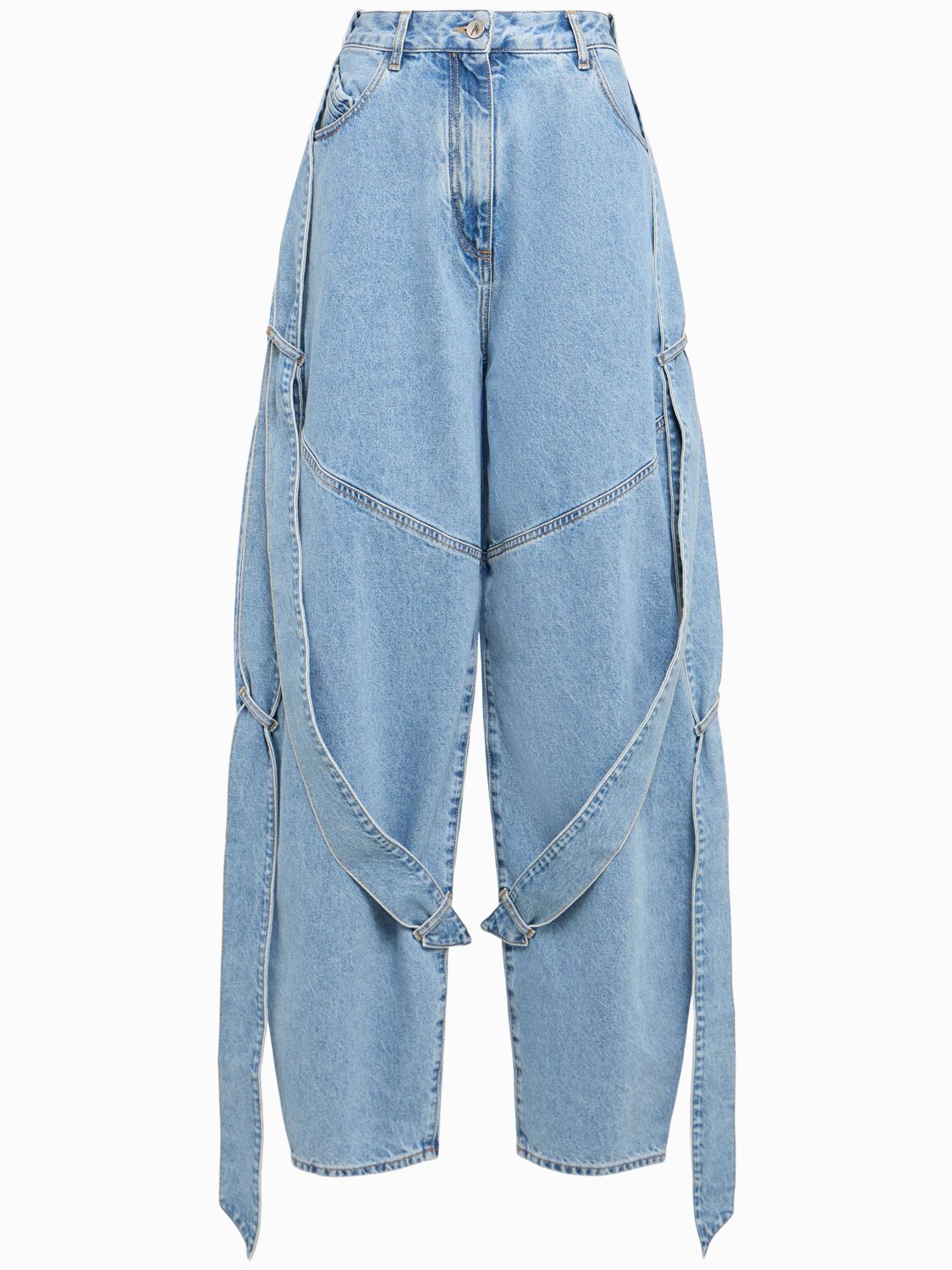 Attico Blue Jeans With Maxi Drawstring On The Front And Logo Patch On The Rear In Denim Woman In Blue