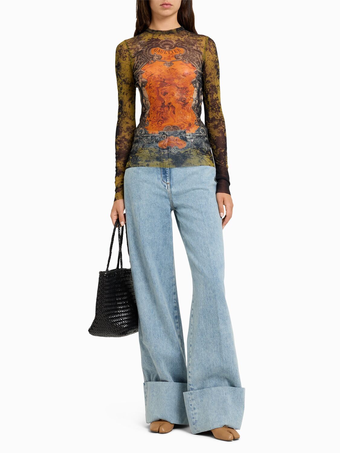 Jean Paul Gaultier Women Medaillon Print Mesh Long Sleeves Top