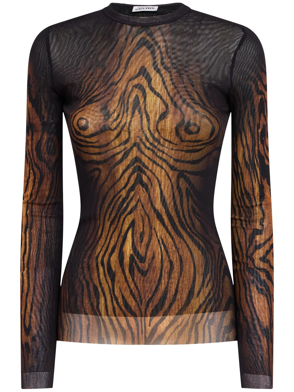 Jean Paul Gaultier Wood Printed Mesh Long Sleeve Top