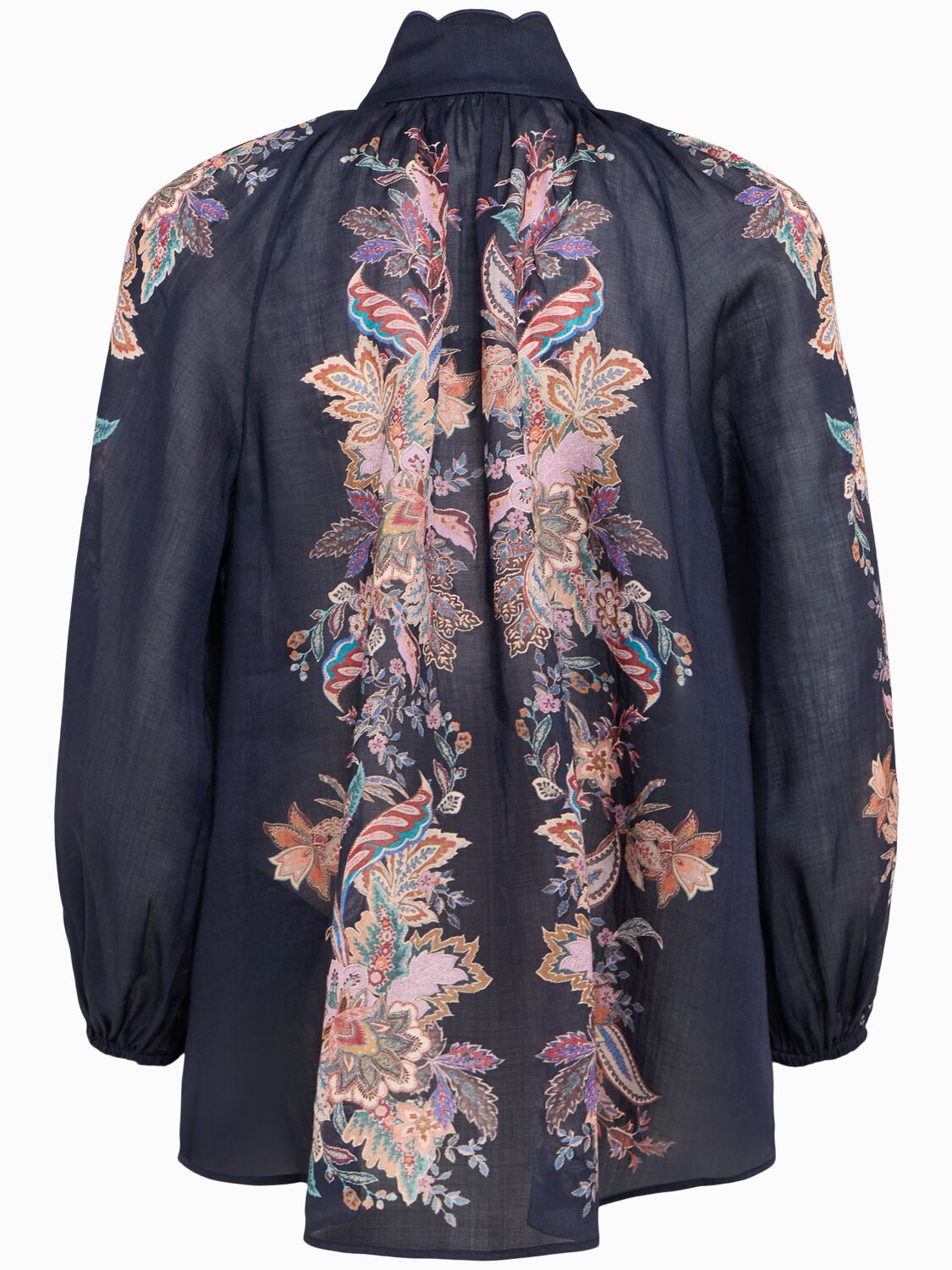 Zimmermann Rhiannon Billow Blue Blouse With High Neck And All-over Paisley Print In Ramie Woman In Blue