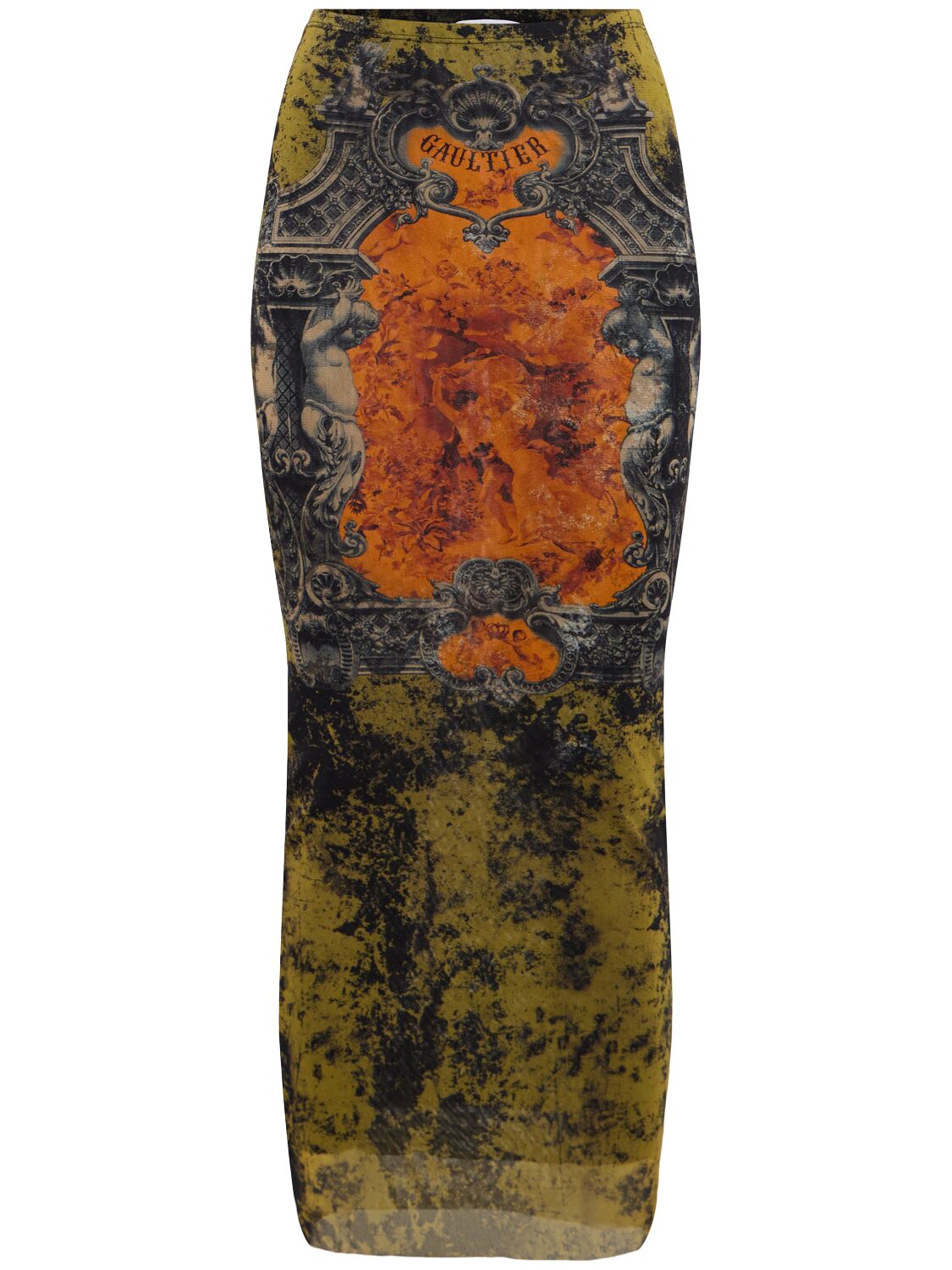Jean Paul Gaultier Printed Mesh Midi Skirt In Multi