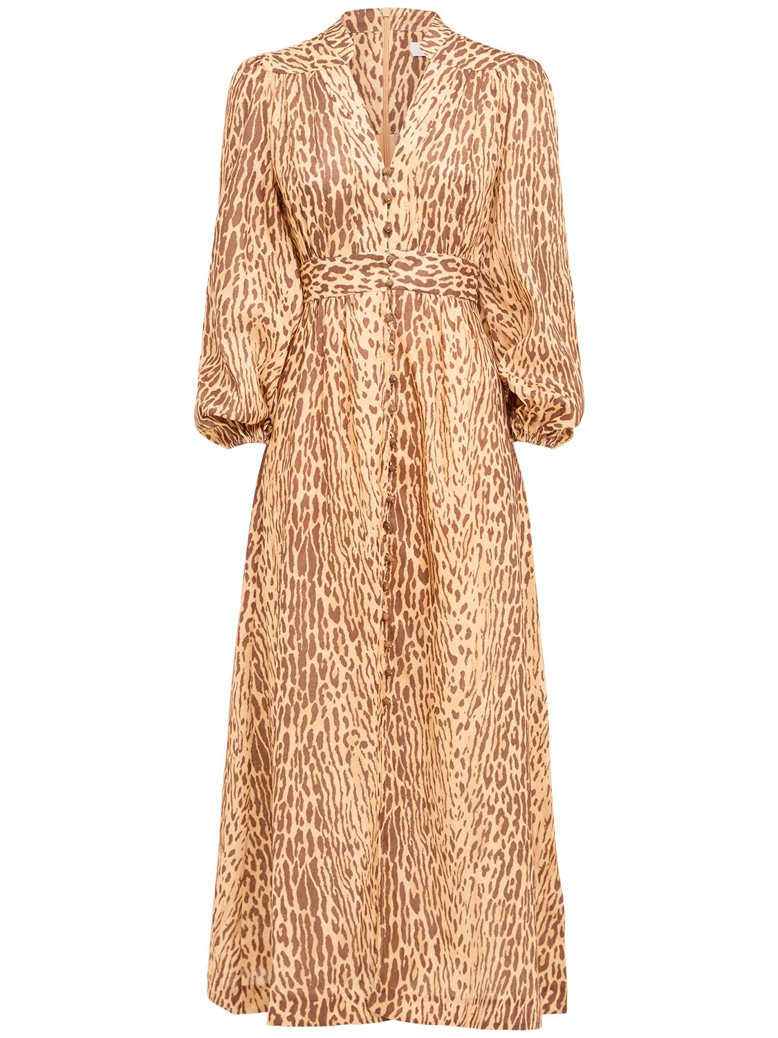 Zimmermann Cascadian Leopard Print Long Sleeve Linen Midi Dress In Brown