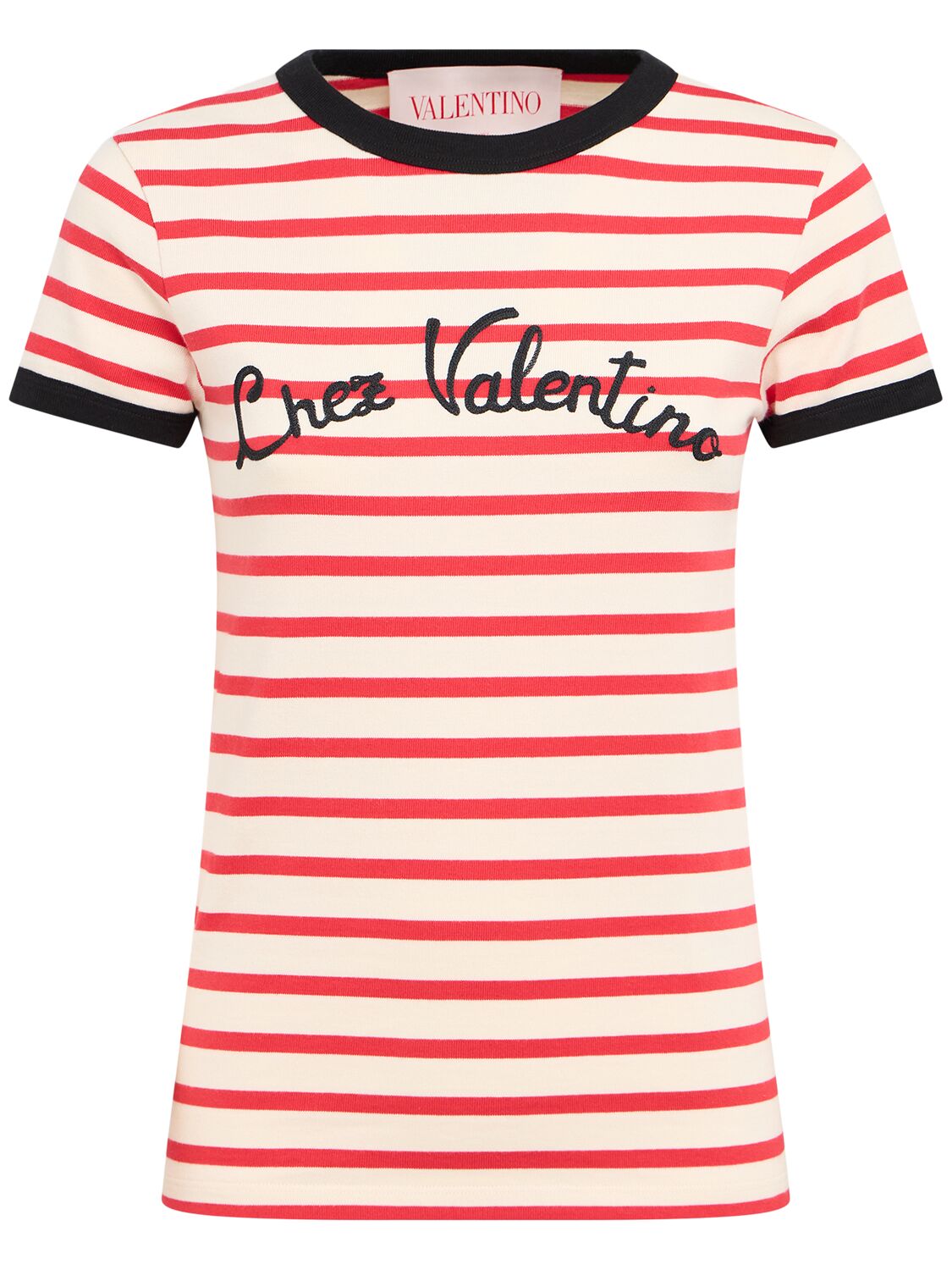 Valentino Women Ivory Striped Jersey Embroidered T-shirt