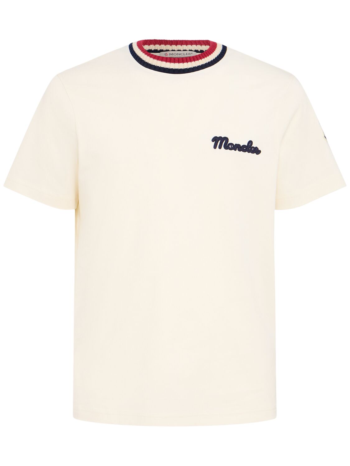 Moncler White Cotton T-shirt With A Contrasting Ribbed Striped Collar And Logo In White