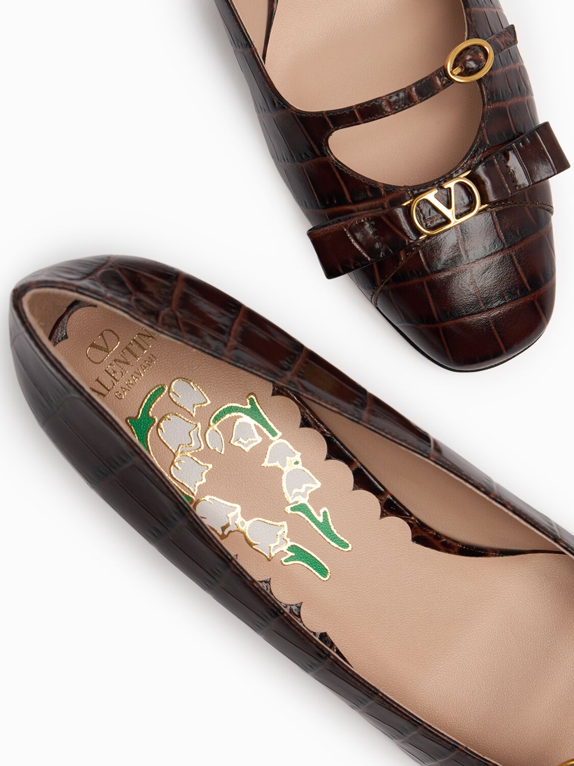 Valentino Brown Crocodile Effect Calfskin Pumps With Bow And Medium Heel