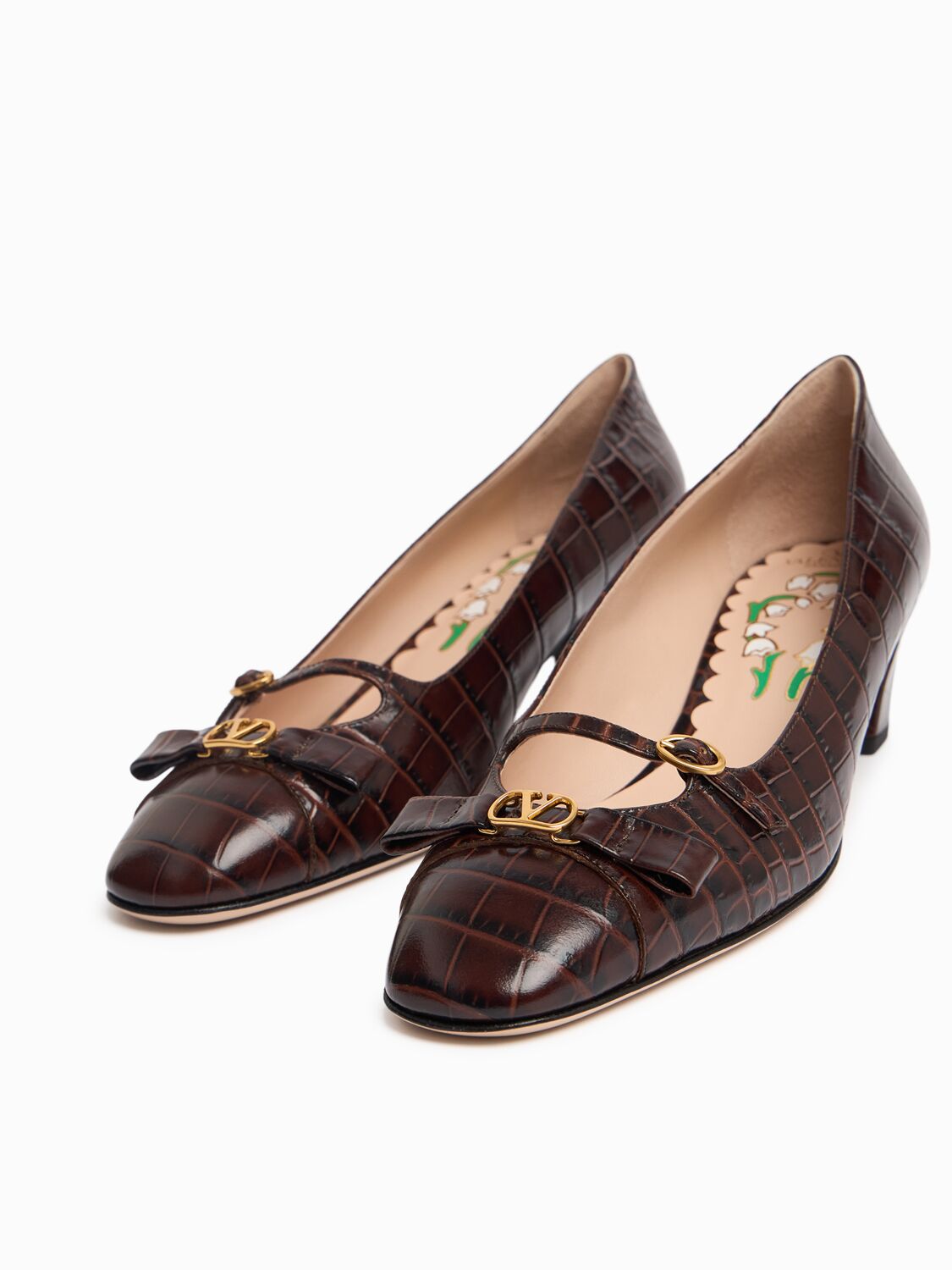 Valentino Brown Crocodile Effect Calfskin Pumps With Bow And Medium Heel
