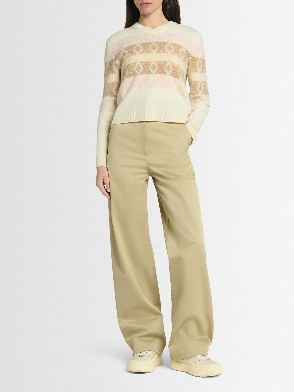 Moncler Jacquard Virgin Wool V-neck Sweater In Neutral