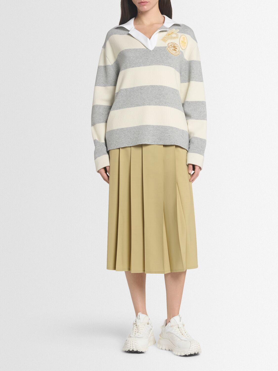 Moncler Striped Wool And Cotton-blend Polo Shirt In Gray