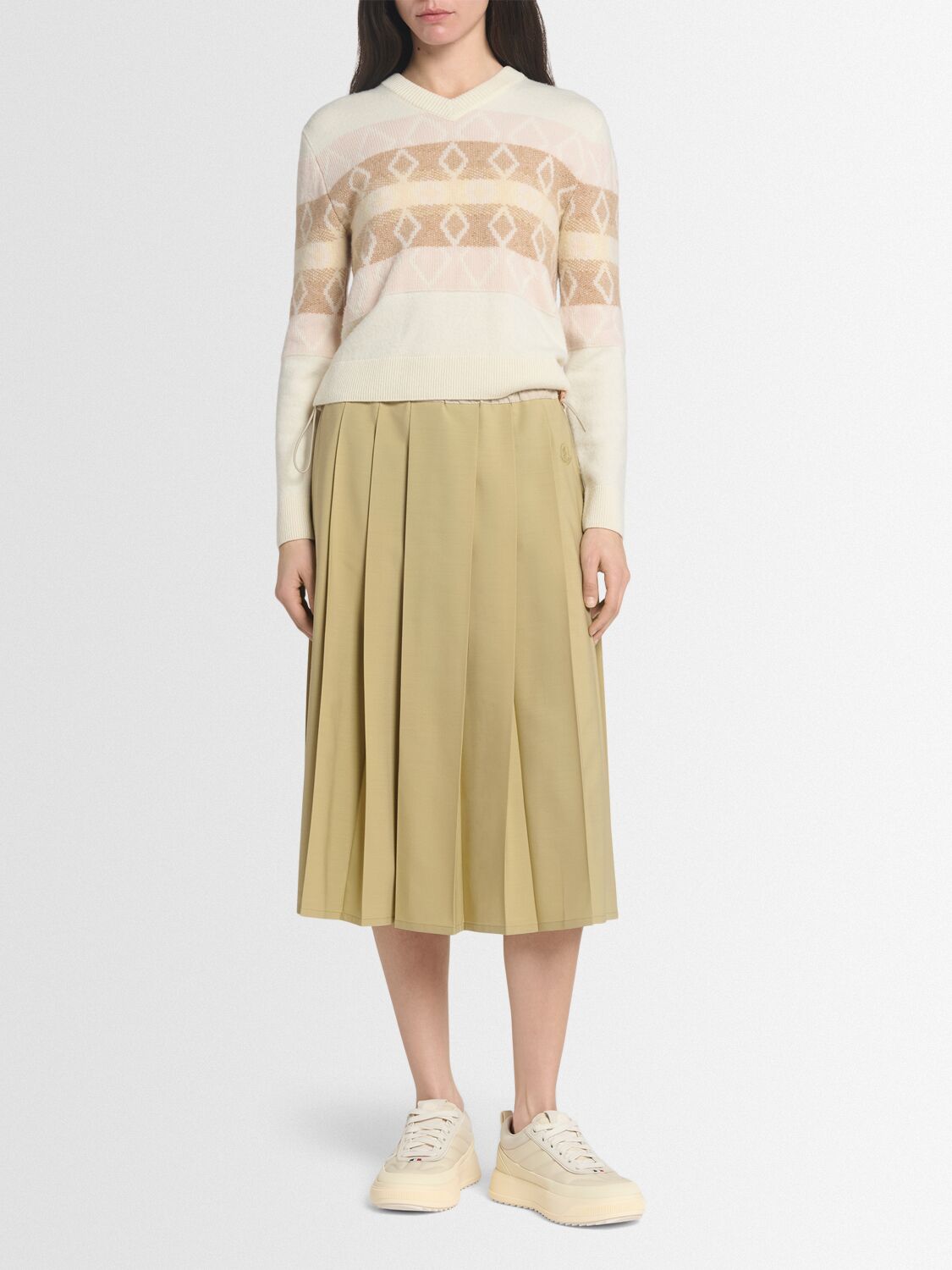 Moncler Pleated Tech Blend Midi Skirt In Nude