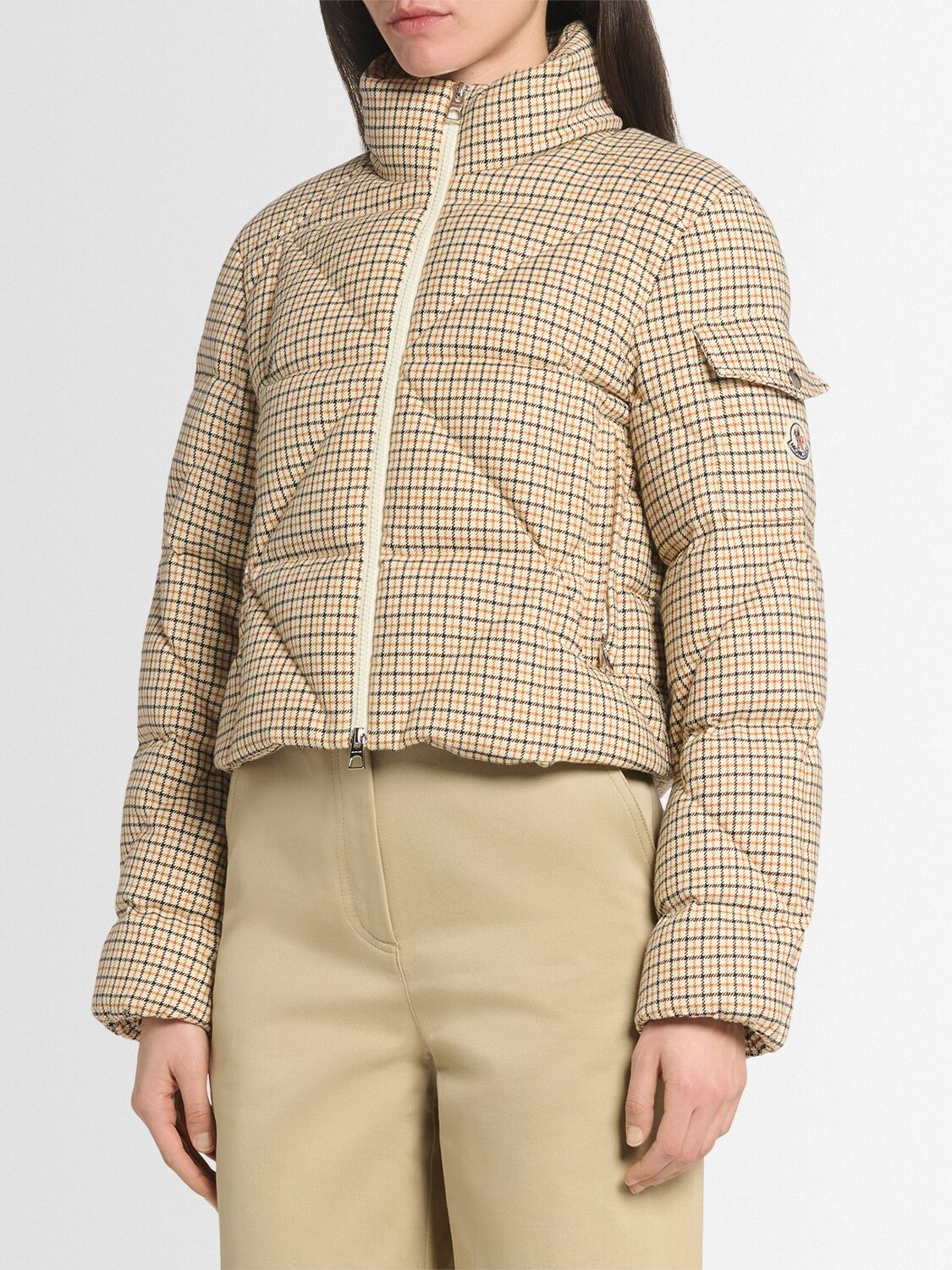 Moncler Keros Wool Blend Check Short Down Jacket