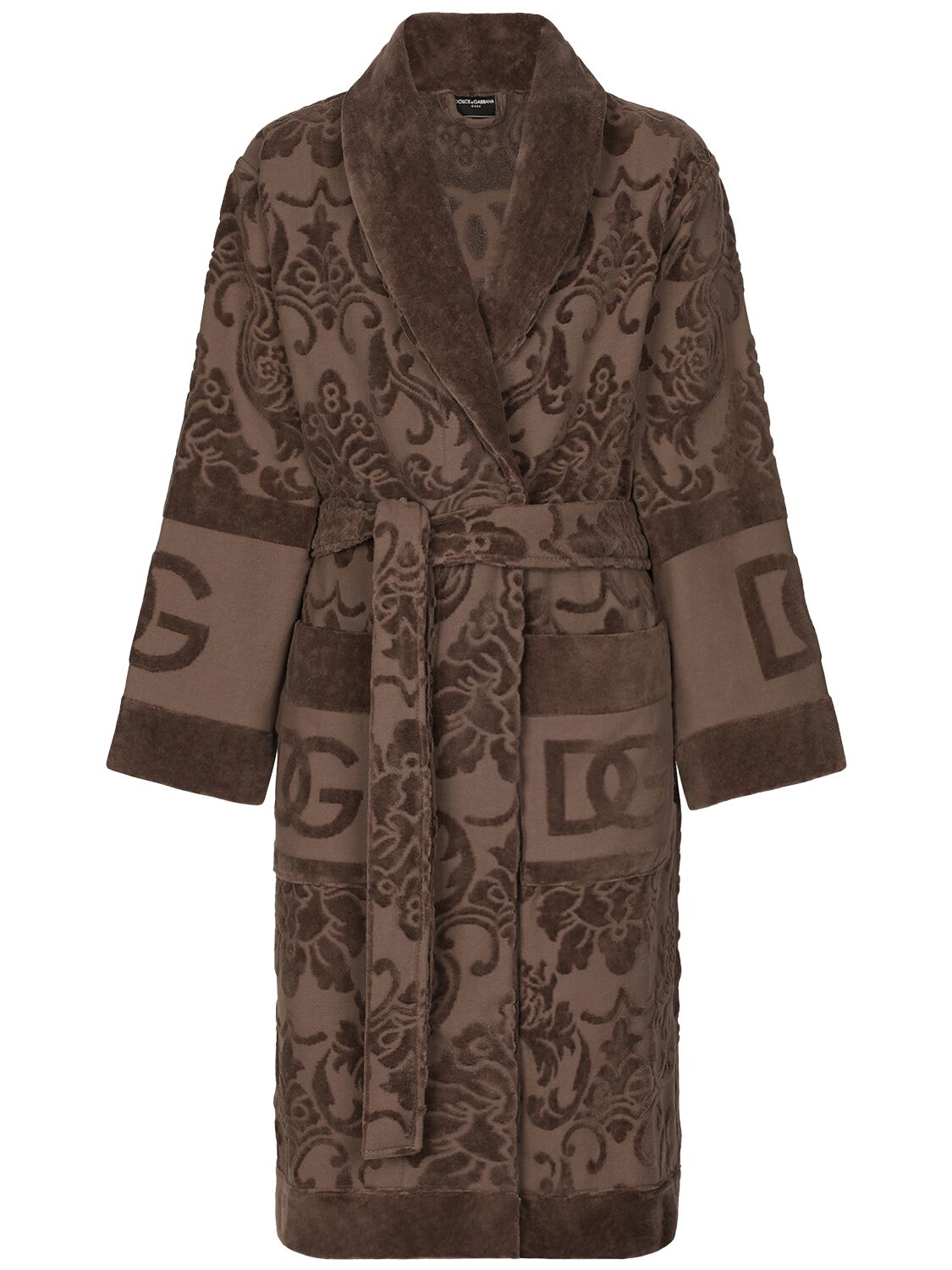 Dolce & Gabbana Logo Jacquard Cotton Bathrobe In Brown