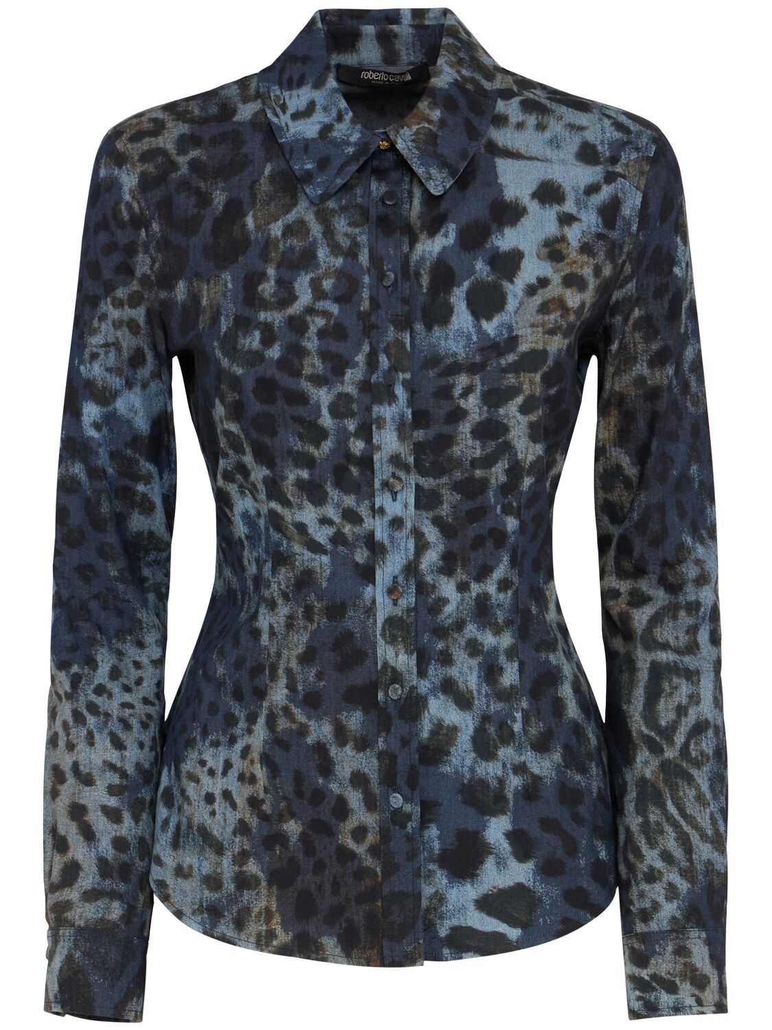 Roberto Cavalli Printed Cotton Blend Chambray Shirt In Blue