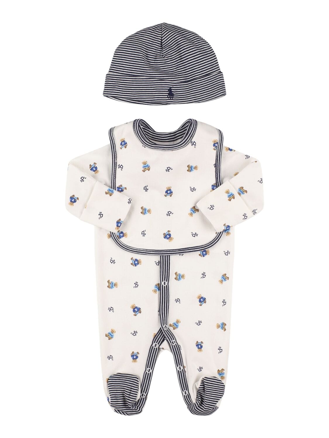 Printed Cotton Romper, Bib & Hat