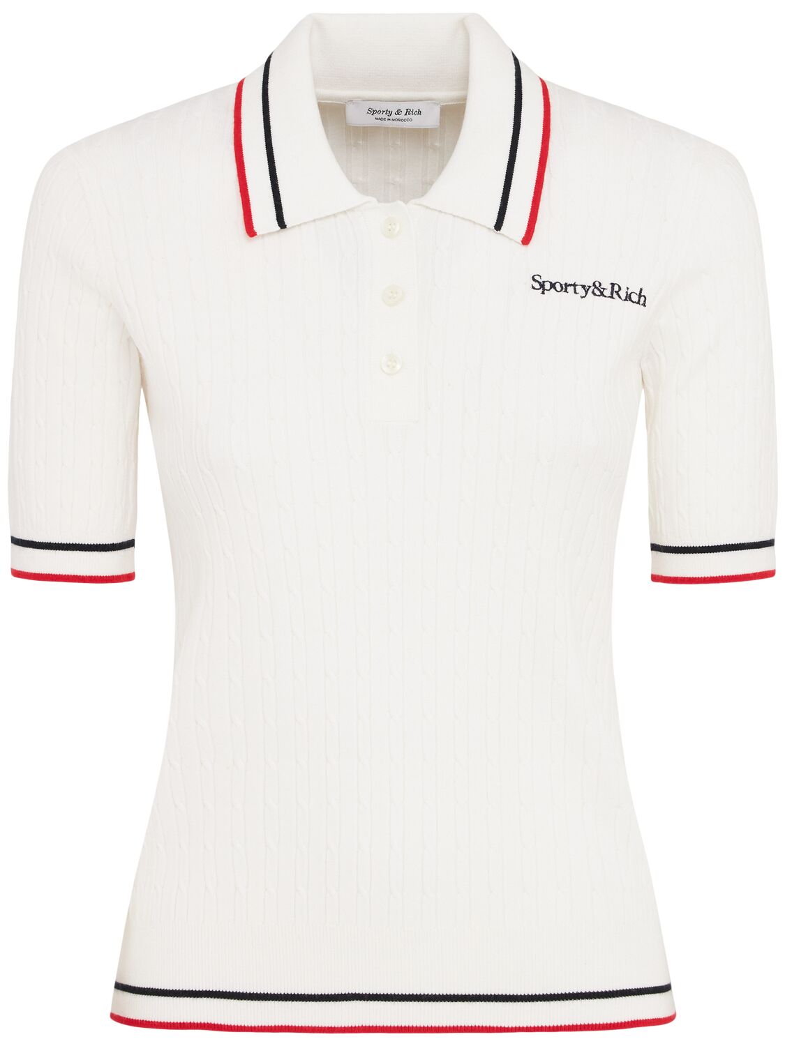 Sporty And Rich Womens White Dark Navy Ruby Serif Logo Mini Cable-knit Polo Shirt In Multi