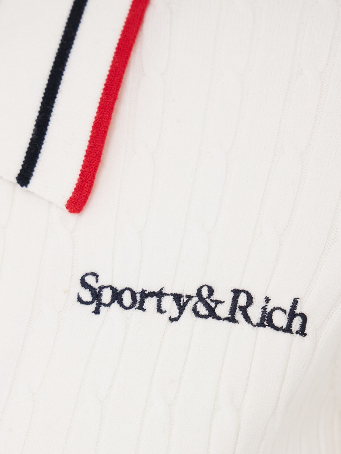 Sporty And Rich Womens White Dark Navy Ruby Serif Logo Mini Cable-knit Polo Shirt In Multi